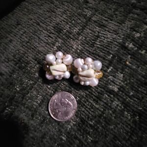 Vintage Japan Beaded Cluster Clip On Earrings Pastel Glass Beads Gold Tone